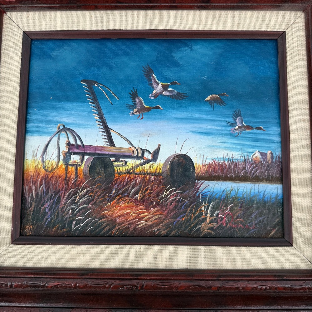 Signed Vintage Framed Duck Marsh Painting Wildlife Cabin Lodge Decor 15.5x13.5 - Picture 3 of 11